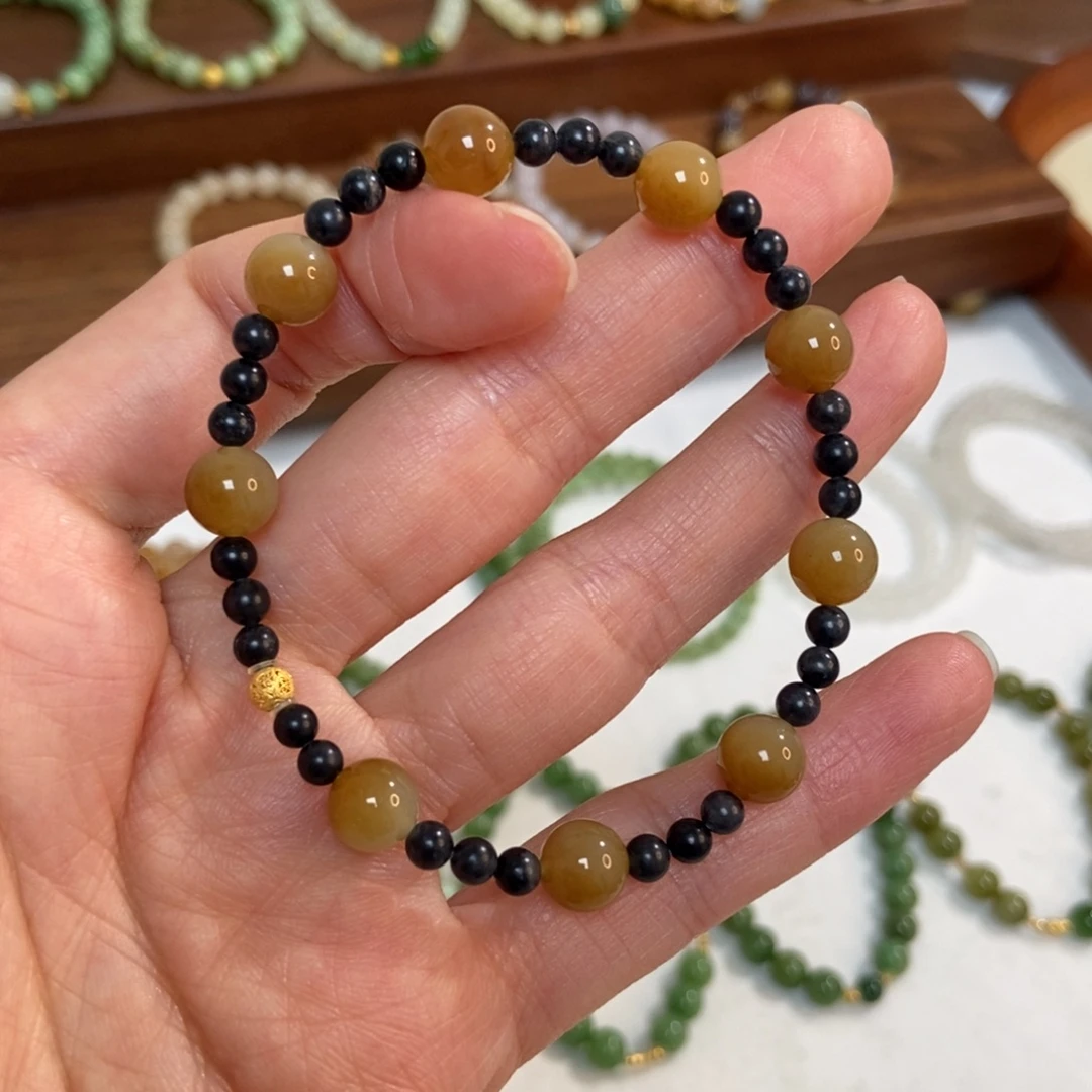 和田玉18K金镶嵌手链8mm糖白双拼