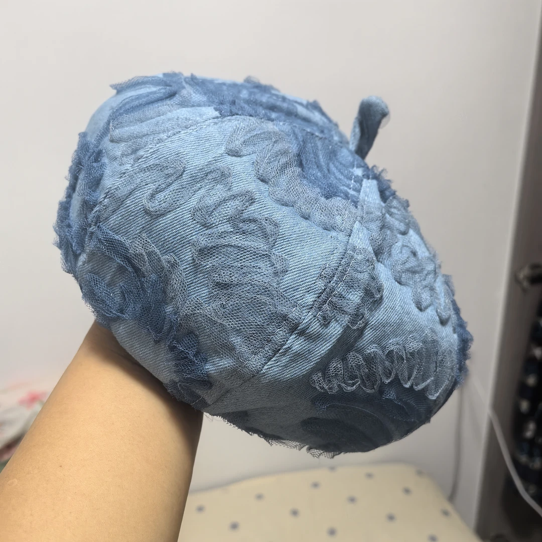 秋季牛仔盘花贝雷帽女士时尚韩版甜美优雅富婆帽网红爆款没有假发