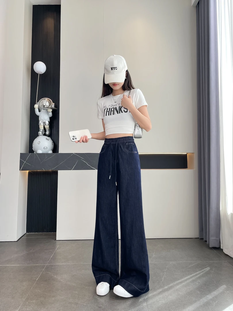 加长大码高个子牛仔裤女夏季超薄弹力莱赛尔窄版直筒裤女宽边显瘦