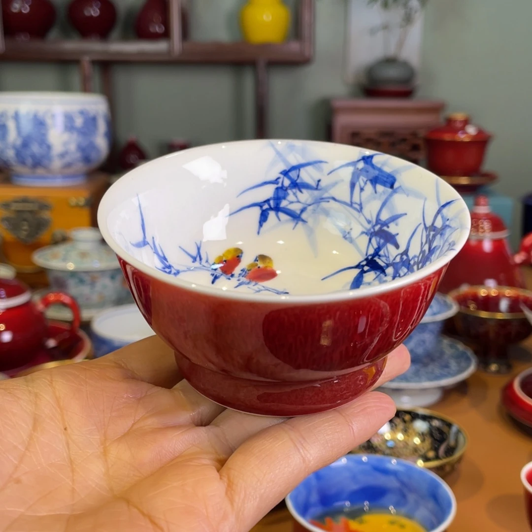 清欢雅玩原矿郎红内绘神话杯