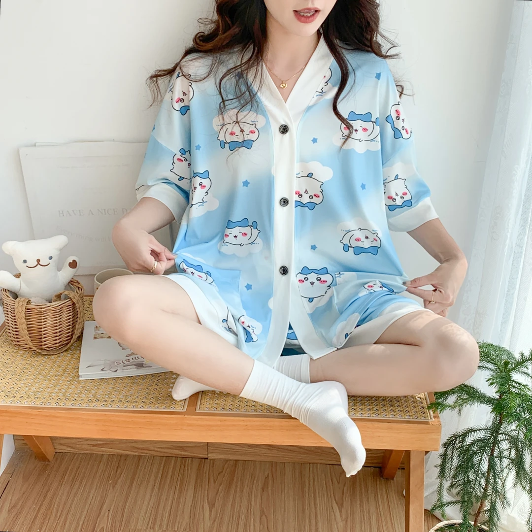特大码300斤短袖短裤夏季女睡衣宽松卡通薄款日系学生家居服套装