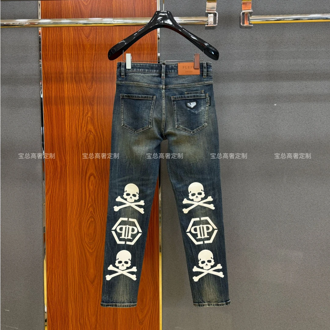 PLIPHPP PLEPN正品PP复古蓝骷髅头个性休闲百搭时尚直筒牛仔裤