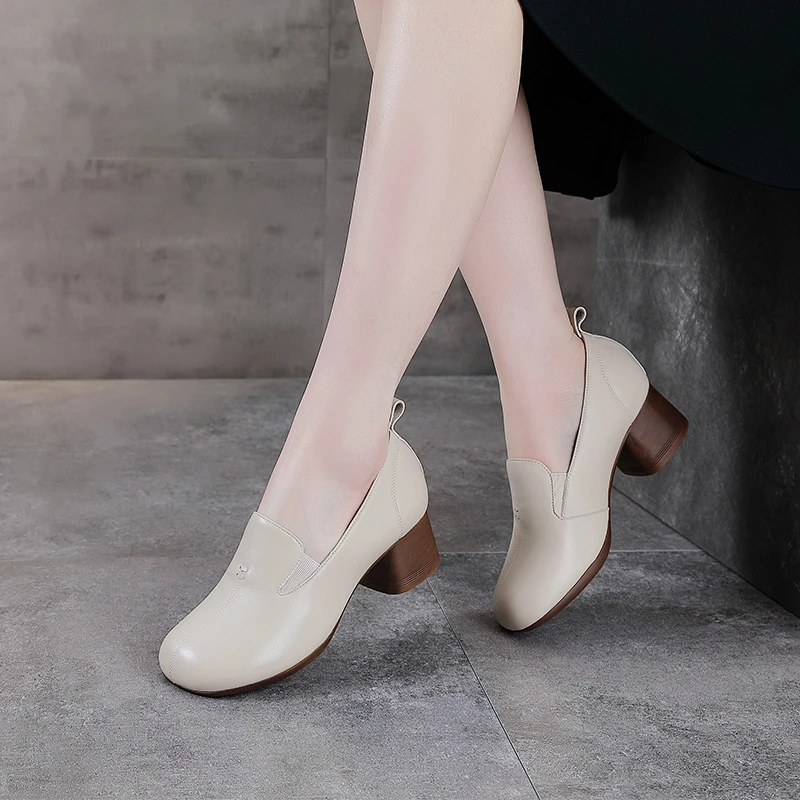 头层牛皮圆头一脚蹬单鞋真皮百搭高跟妈妈鞋春秋跟鞋粗跟纯皮鞋