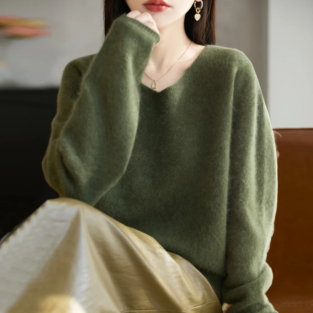 大码100纯羊毛拉毛针织打底衫女秋冬新款胖mm宽松高级感上衣毛衣