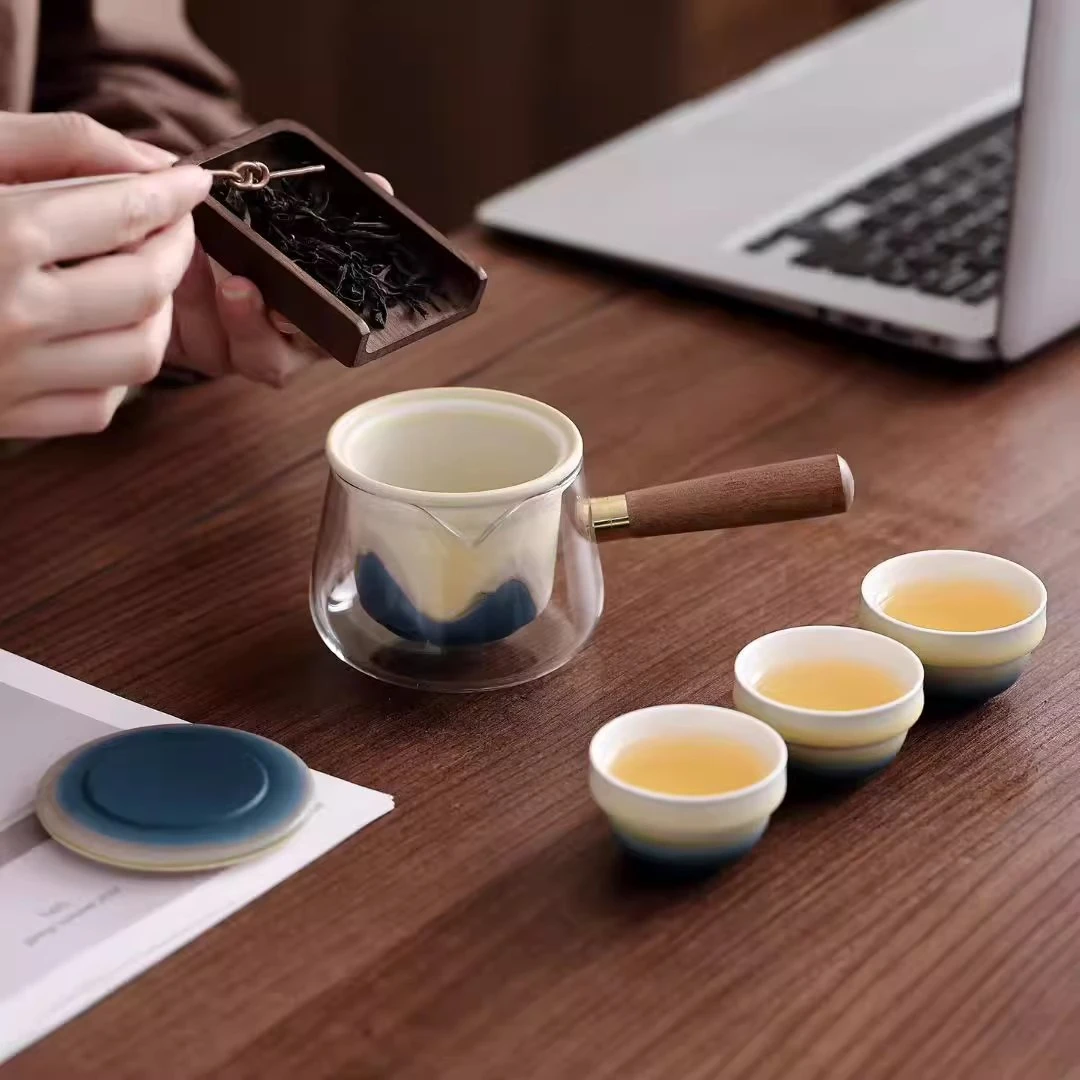 德化陶瓷见山旅行茶具加厚高硼硅材质木纹侧把便携防烫户外泡茶