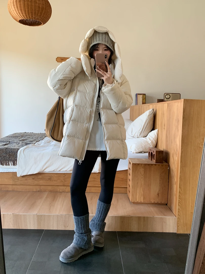 【外贸清仓】25新款奶昔款中长羽绒服90白鹅绒连帽LU家森系色彩设计