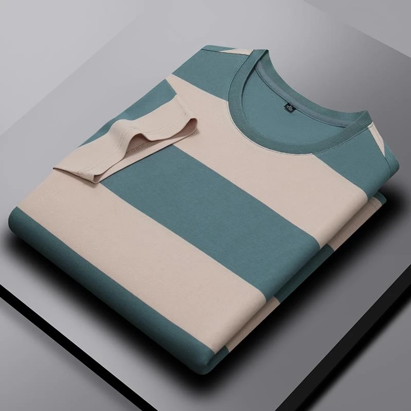 2025夏季新款圆领短袖男t恤商务休闲大码条纹打底衫潮牌半袖男T恤