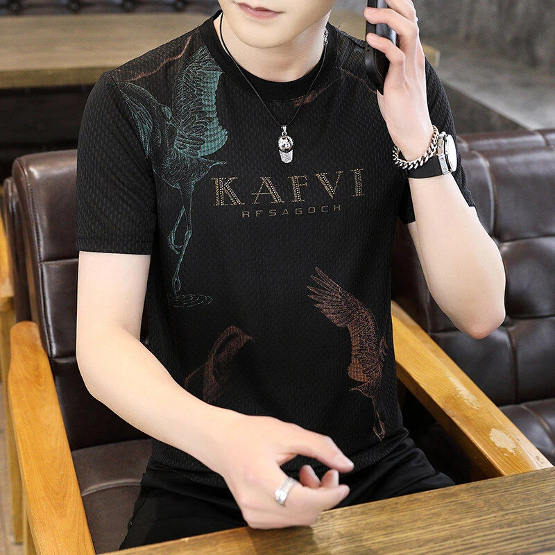 2025新款夏季青年短袖T恤圆领潮流冰丝时尚百搭体恤上衣洋气