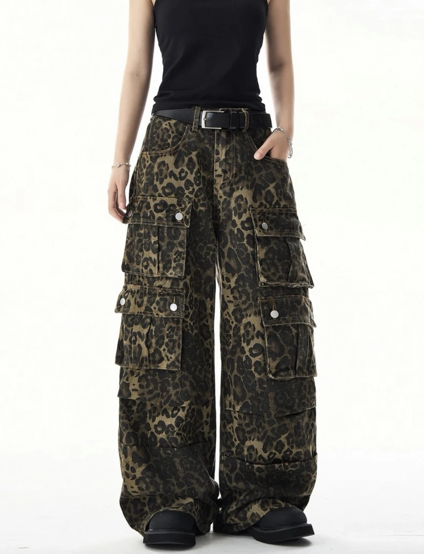 65433豹纹牛仔裤做旧中腰潮流无弹裤子四季通用长裤工装裤纽扣