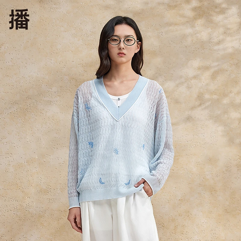 【达人专属】播24夏季百搭撞色花朵刺绣毛针织衫BDR2SD0755