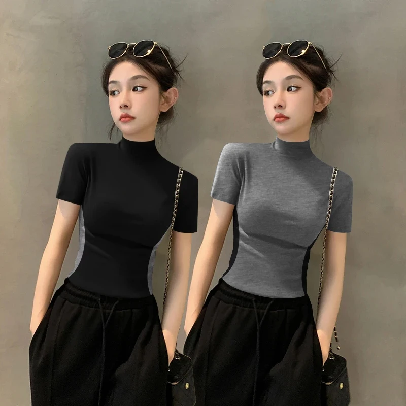 螺纹撞色短袖t恤女2025新款夏款修身设计感ins百搭显瘦小立领上衣