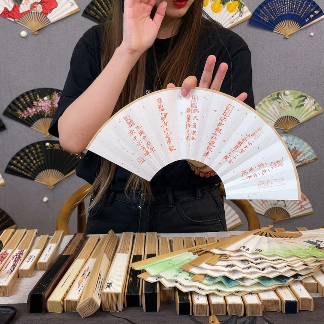 国画6寸玉竹-纯手绘-文玩扇骨（默认粘好）