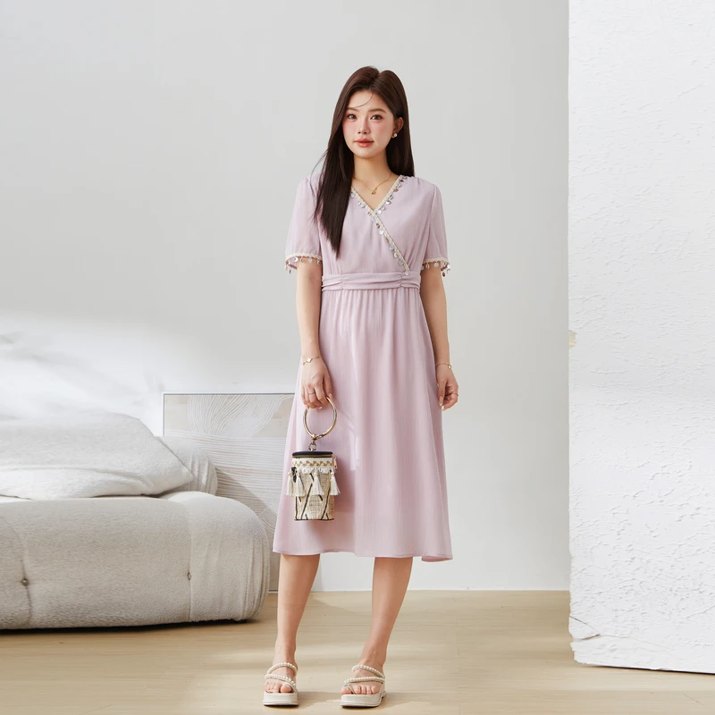 采多宝大码女装V领贝壳亮片串珠雪纺修身显瘦气质连衣裙 EXQ5205