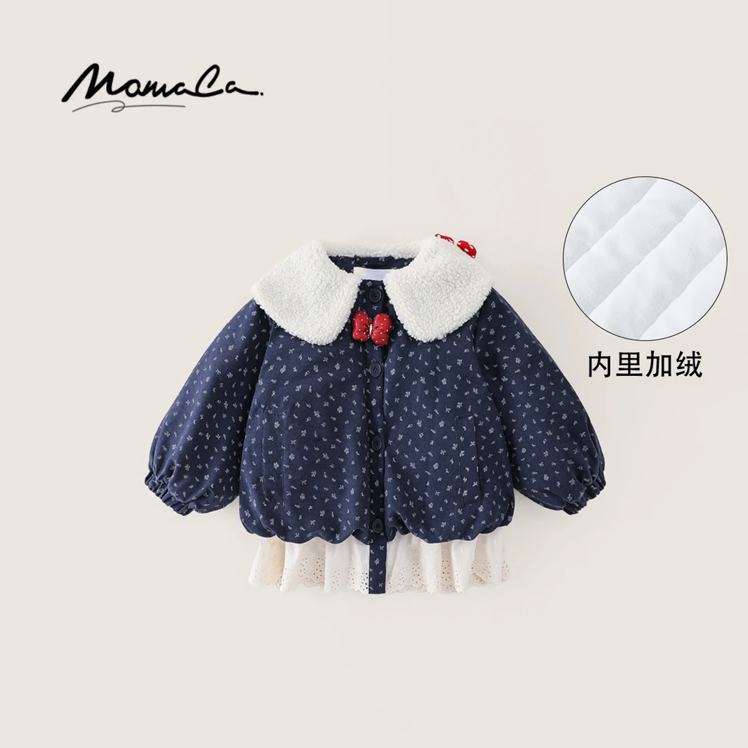 MOMOCO冬季女童时尚小猫咪云领波点满印棉服厚款外套