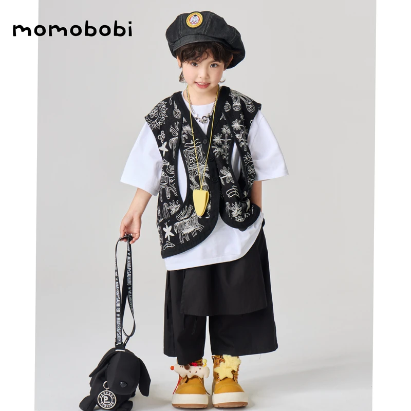 momobobi自制新款马甲儿童提花坎肩中大童亲子个性复古百搭背心潮