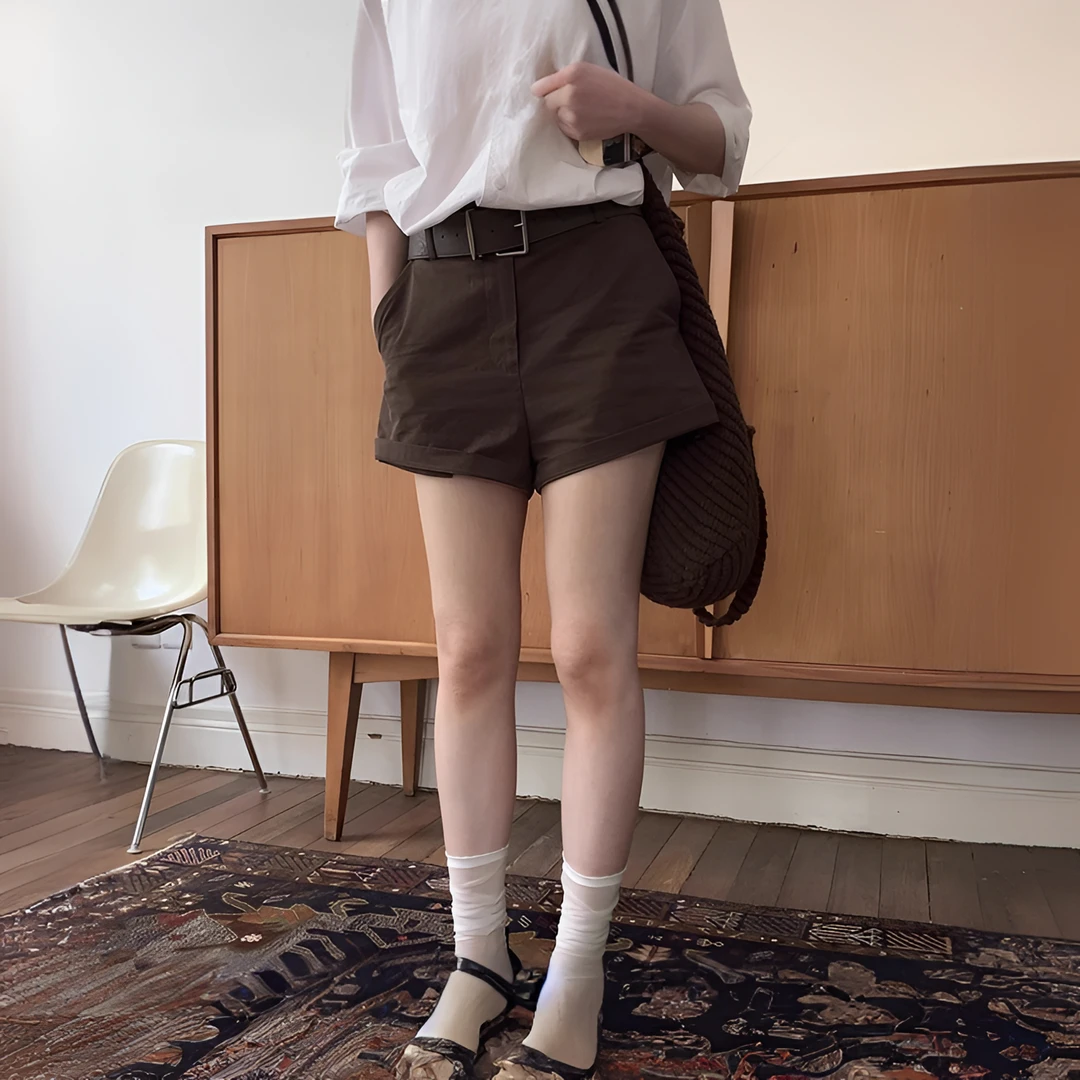 2025新款低腰美式复古显瘦百搭休闲短裤女宽松直筒棕色阔腿短裤子