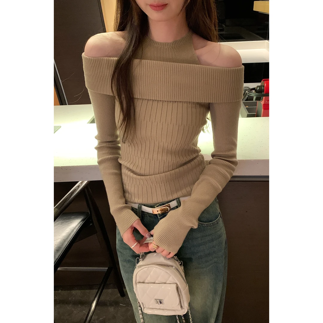 HHYB折扣设计感独特假两件一字肩露肩长袖针织衫女2025秋季新款上