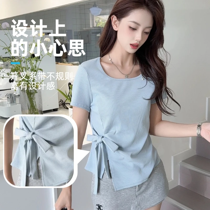YINYUZHI/吟雨枝新款不规则T恤系带开叉欧若风短袖显瘦19051