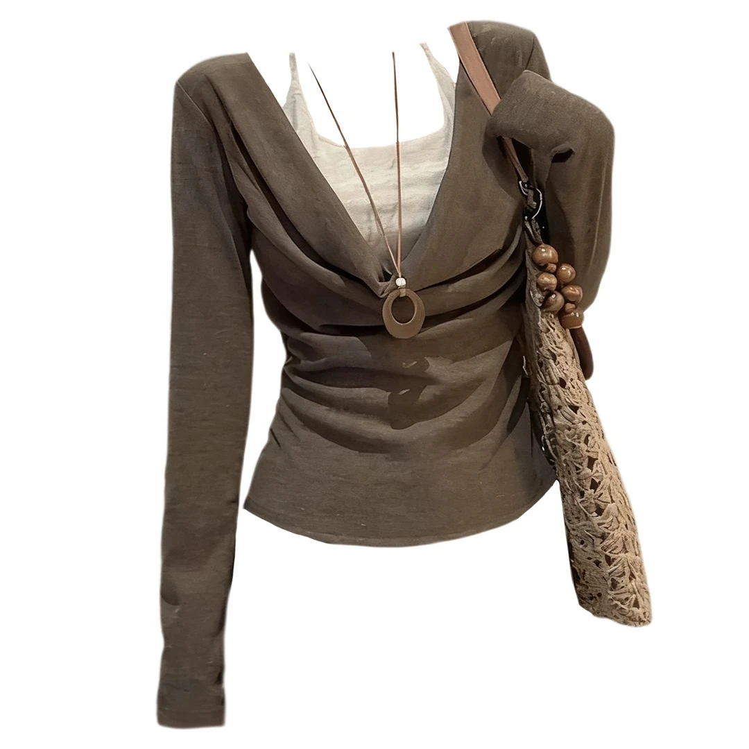 胖MM假两件褶皱长袖上衣女秋季新款修身显瘦设计感别致打底衫1162