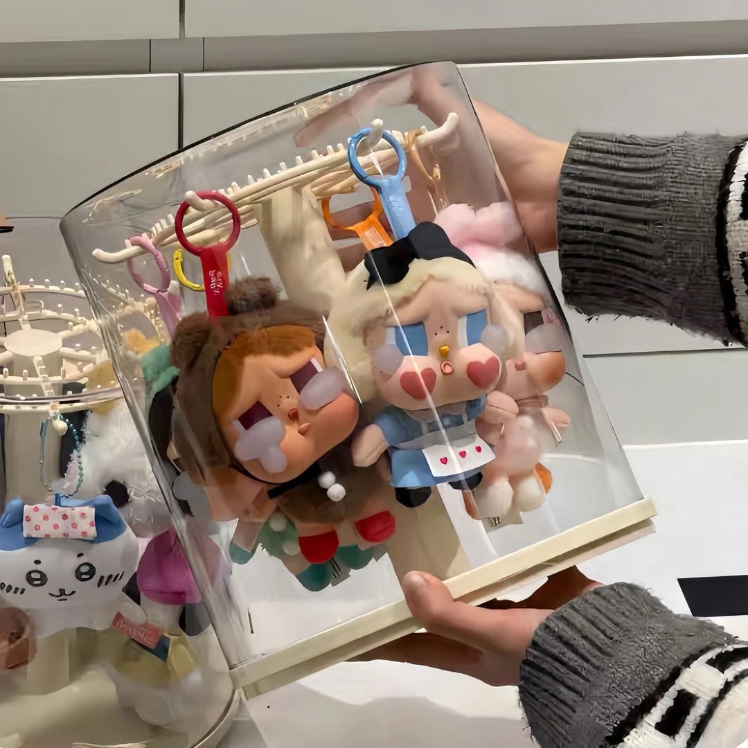 拉布布挂件展示盒旋转透明防尘labubu毛绒公仔手办盲盒收纳展示架