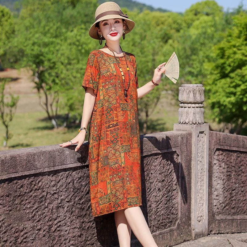 妈妈高端棉绸国风连衣裙女夏季新款洋气宽松中老年裙子气质碎花裙
