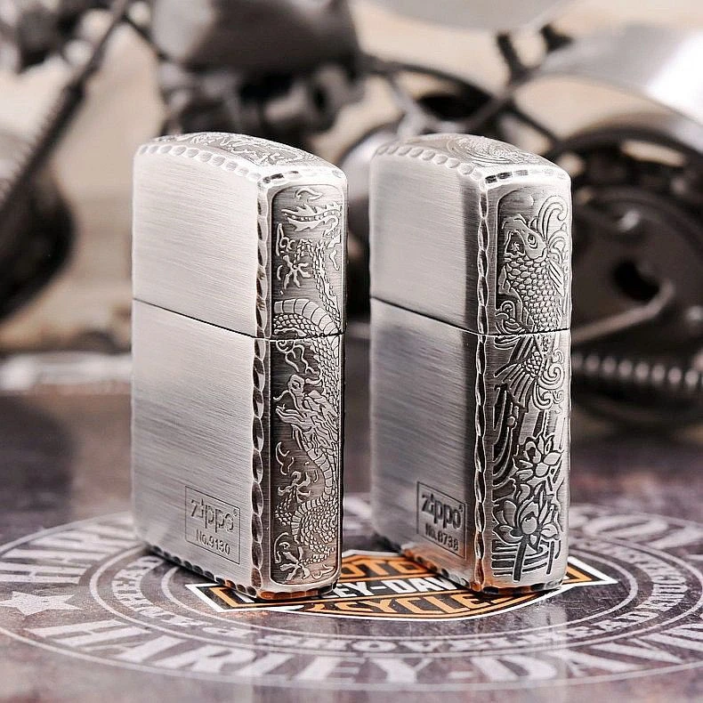 Zippo打火机原装正版 三面精雕镀银盘龙锦鲤 煤油防风送男友DYJ1