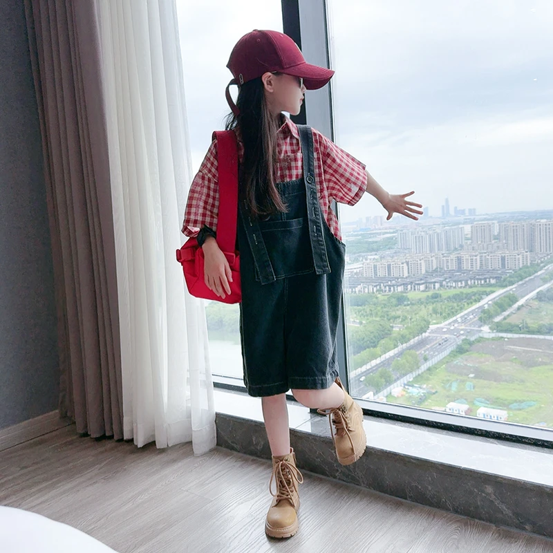 女童套装2025新款夏季短袖格子衬衫洋气女孩休闲牛仔背带裤两件套