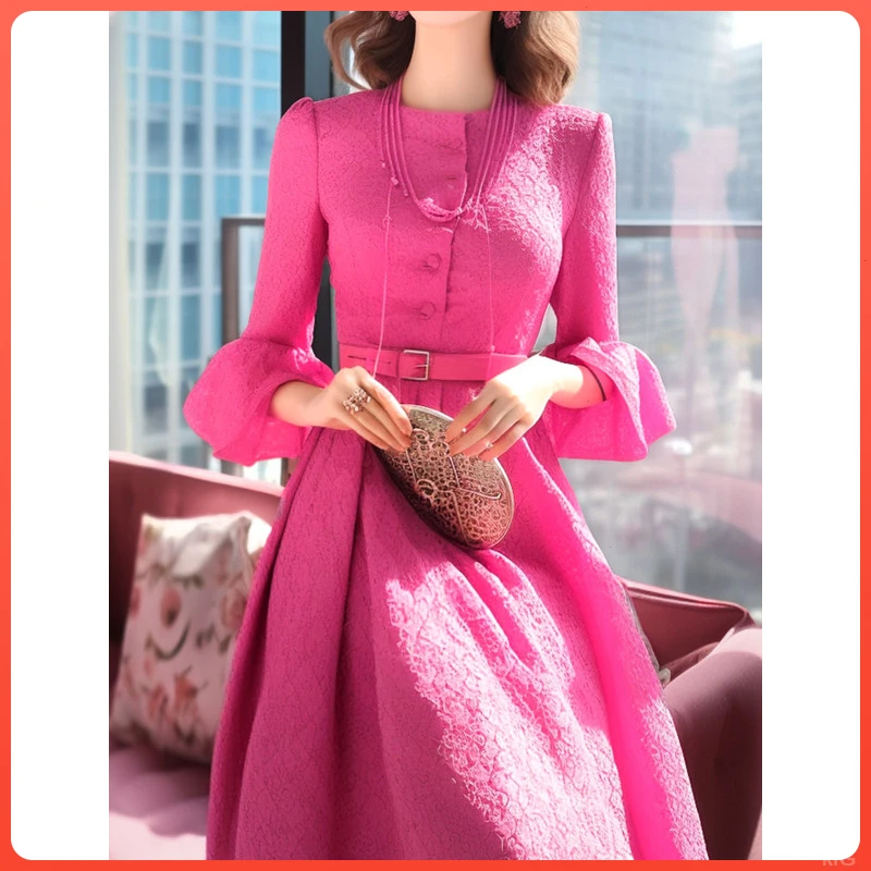 气质优雅名缕大摆女装收腰时尚漂亮秋季长款粉色绝美连衣裙女宴会