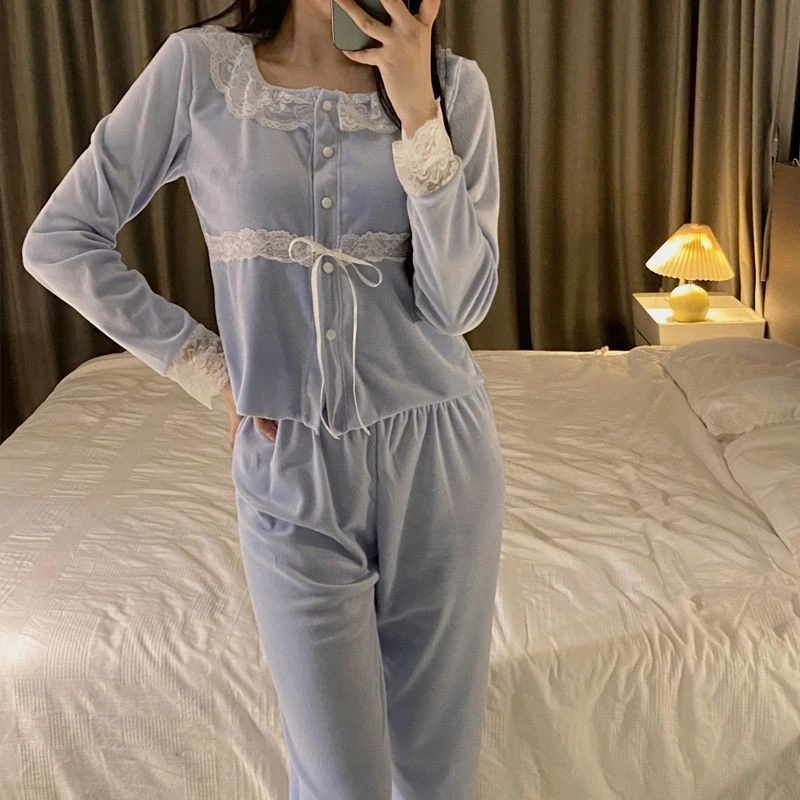 新款睡衣女小香风法式花边春秋海岛绒甜美带胸垫家居服保暖套装冬