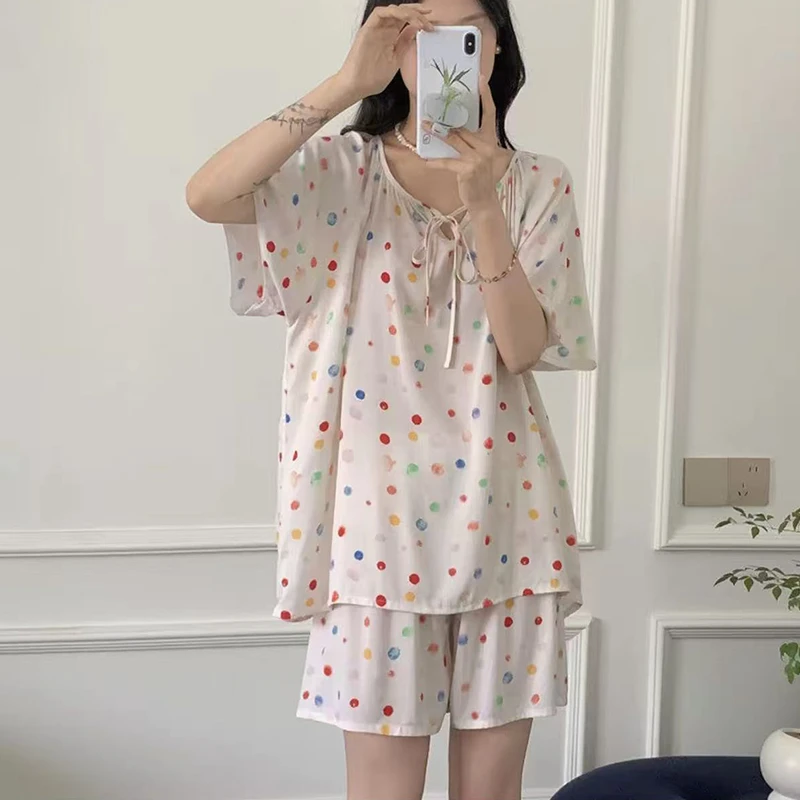 短袖短裤娃娃衫款棉绸睡衣套装100棉绸人造棉