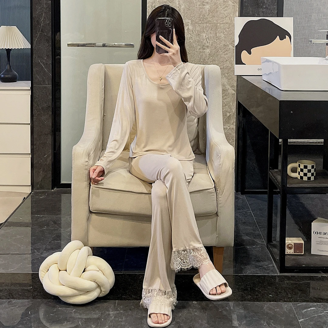 2025年春秋季新款休闲睡衣女蕾丝花边法式长袖长裤宽松家居服套装