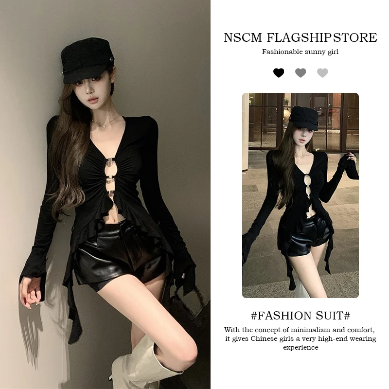 NSCM秋季新款潮牌女装韩版设计感v领t恤黑色长袖打底衫辣妹风短裤