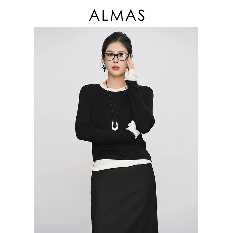 ALMAS品牌 25年SS百搭单品长袖撞色假两件T WCT250155