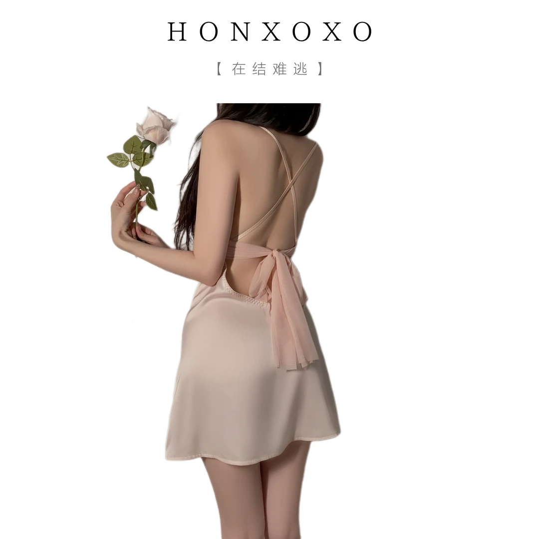 【在结难逃/丝】性感V领绑带镂空睡裙后美背大蝴蝶结纯欲风吊带裙