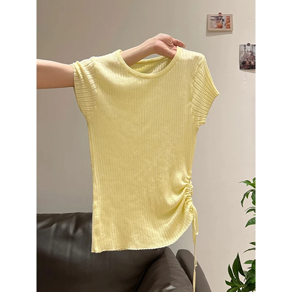 韩系温柔黄色短袖针织衫女夏季修身显瘦坎肩侧边抽绳T恤短款上衣