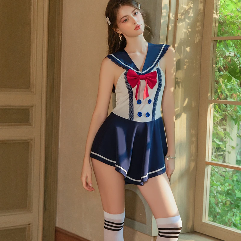 新款甜美纯欲冰丝绒海军风学生装短裙连衣裙蕾丝睡裙