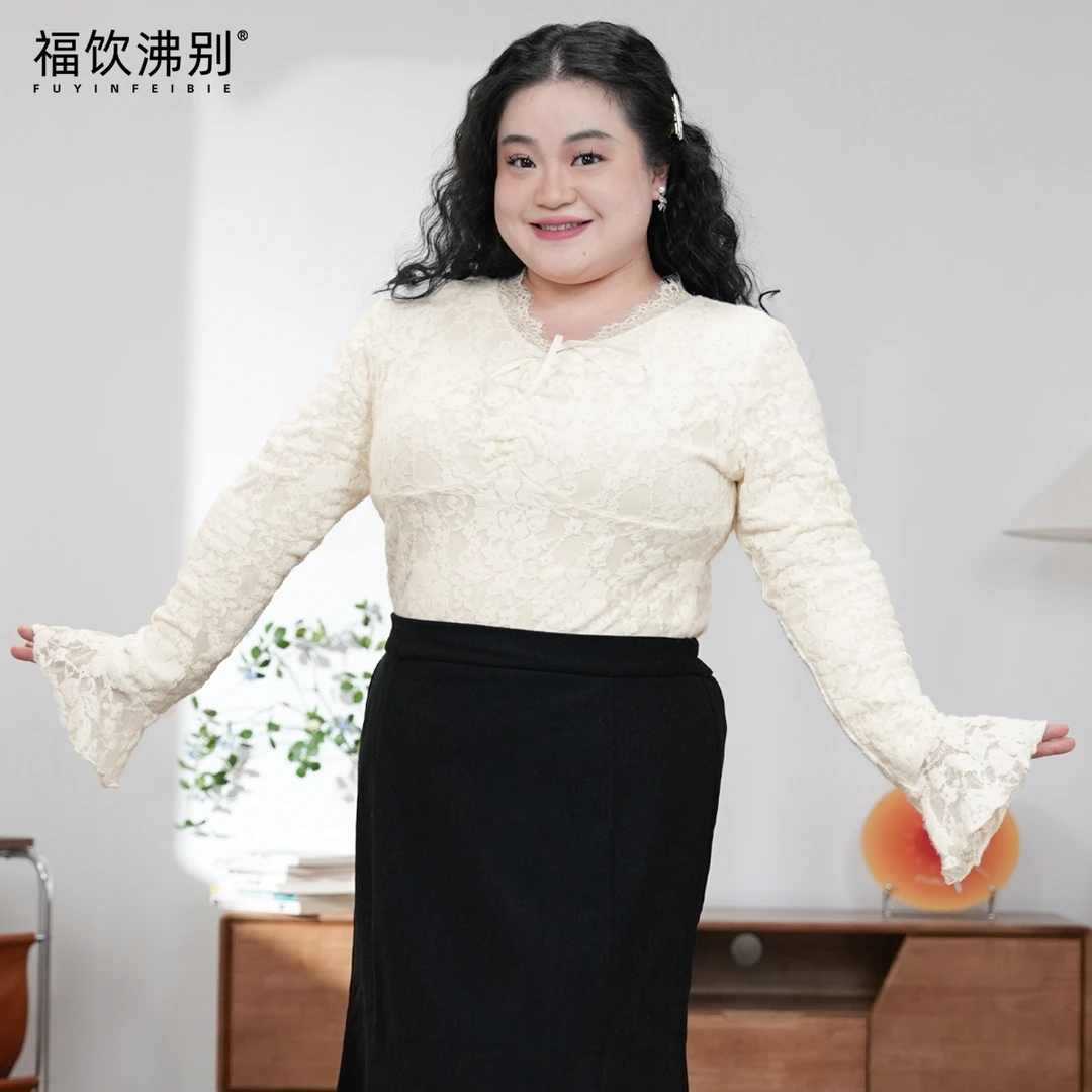 福饮沸别【奶白蕾丝】大码胖mm休闲日常百搭风蕾丝喇叭袖上衣2618