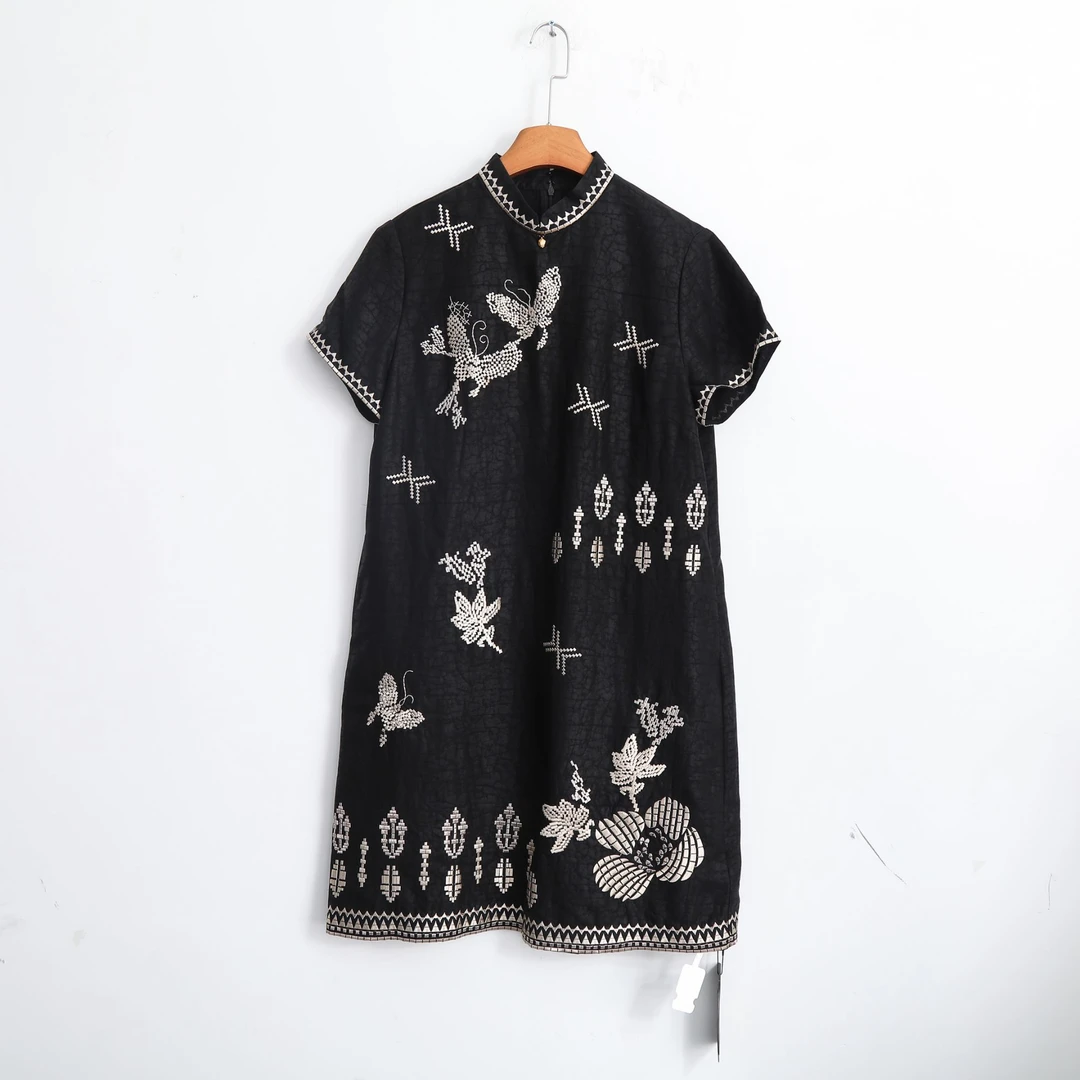 女装香云纱连衣裙印花夏季绣花蝴蝶刺绣气质挂脖款新中式525028-1