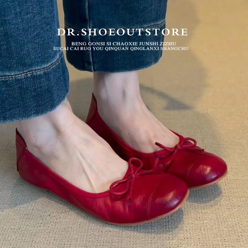 【DR官方正品】今年流行小红鞋2025超火单鞋百搭一脚蹬蝴蝶结平底女