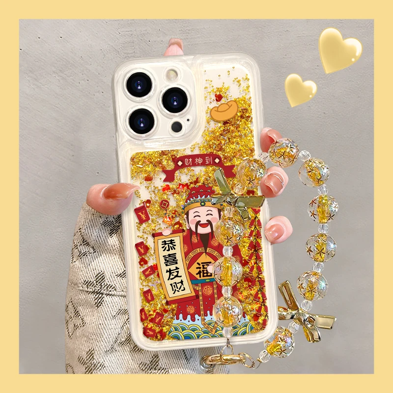 恭喜发财适用于苹果16/14华为金色流沙壳OPPO/VIVO防摔女手机壳