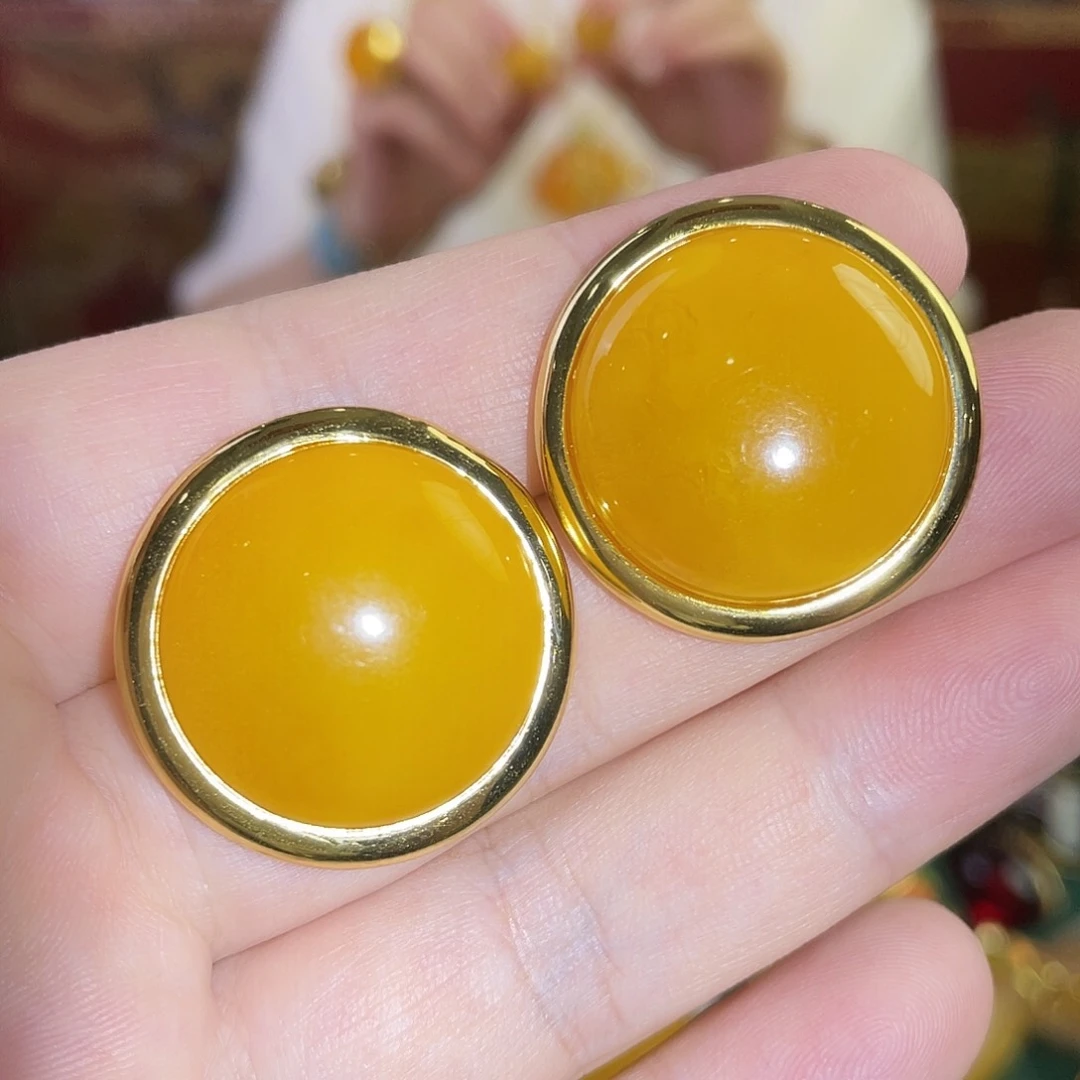 银S925镀金镶嵌蜜蜡耳钉