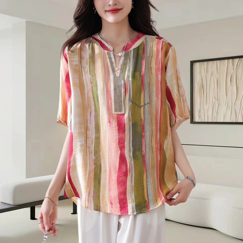 欧货彩色条纹衬衫女薄款系带泡泡袖宽松遮肉显瘦短袖T恤上衣夏季