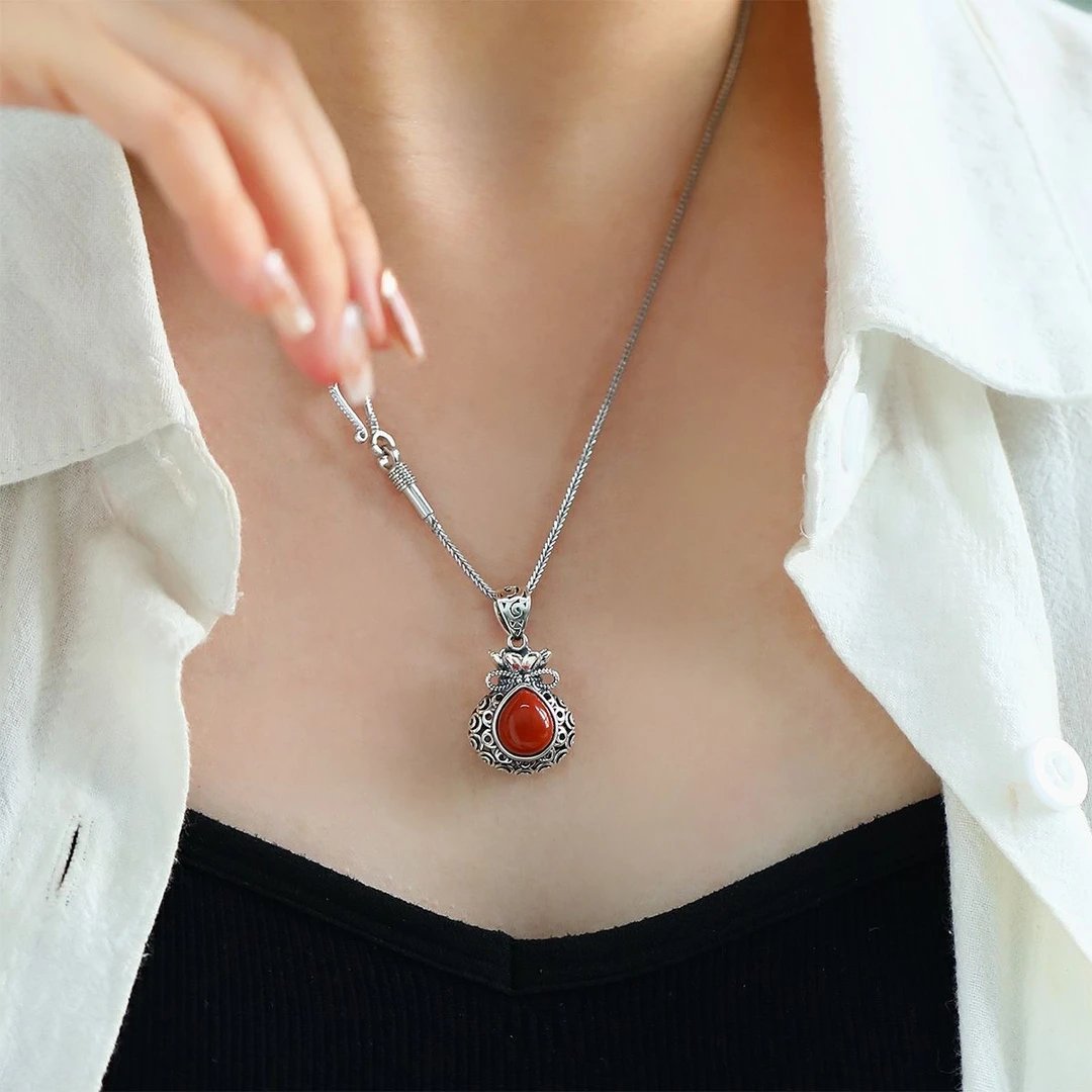 坠链均925银 女式项链礼物福字钱袋镂空水滴吊坠女复古肖邦链国潮