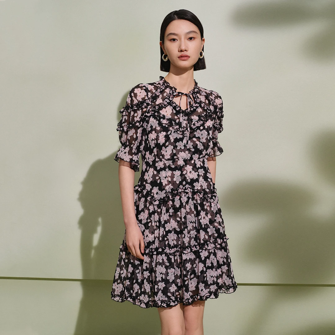 【羊羊专属】浪漫樱花法式V领木耳边设计感气质减龄裙子M534104717