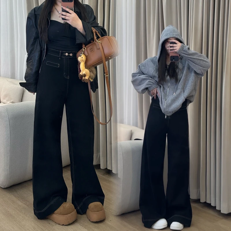 黑色高腰牛仔裤女早春大码胖mm宽松显瘦弹力阔腿裤