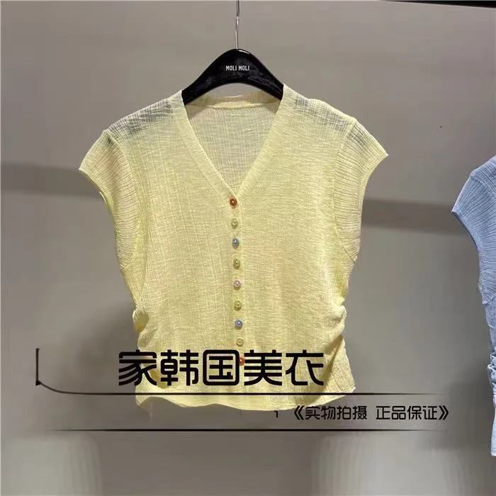 欧货女装 2025夏季新款  洋气彩色纽扣V领侧褶皱显瘦薄款开衫