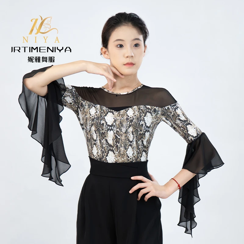 摩登舞大气蟒纹飘袖短袖女士连体上衣练功服女士交谊舞广场舞