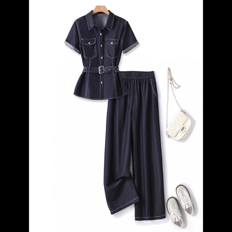 〈纪朵研〉1148时尚套装女高级感牛仔衬衫阔腿裤气质通勤工装两件套