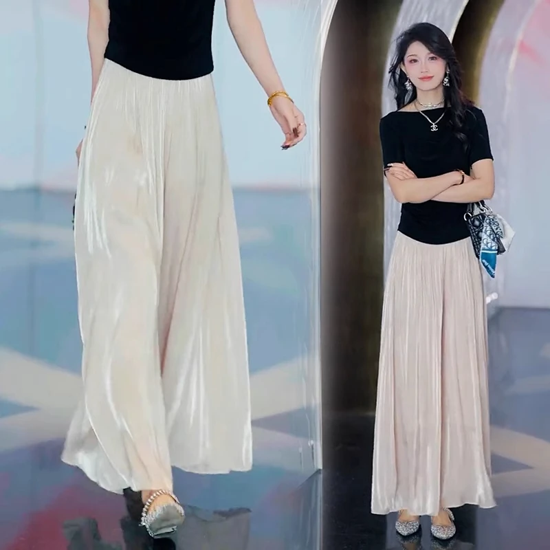 拉夏贝尔琉璃纱休闲阔腿裤裙女2025年夏季新款松紧腰垂感显瘦裙裤