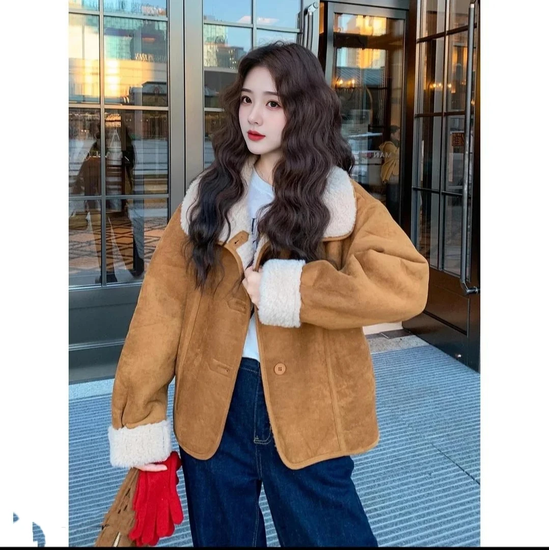 皮毛一体两面穿秋冬短外套单排扣防风百搭休闲加厚